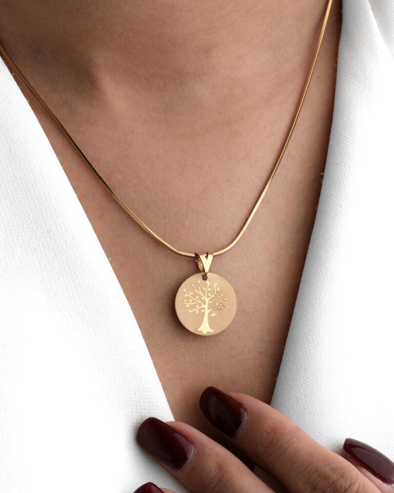⭐باندل آویز طلا شانس (LUCK) طرح درخت زندگی به همراه دو عدد مروارید + فیروزه رایگان⭐