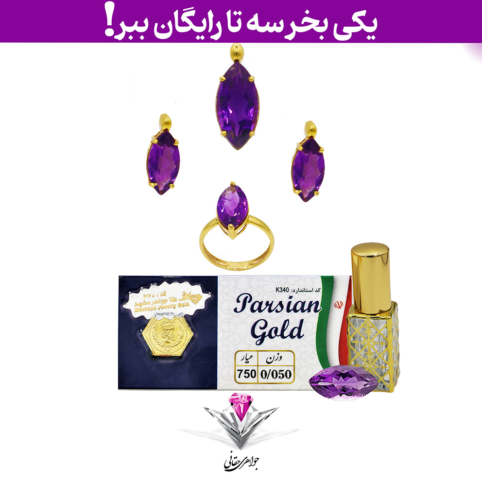 باندل نیم ست طلا زنانه هانا آمیتیست + هدیه سکه پارسیان 0.05 گرم + سنگ آمیتیست و عطر رایگان