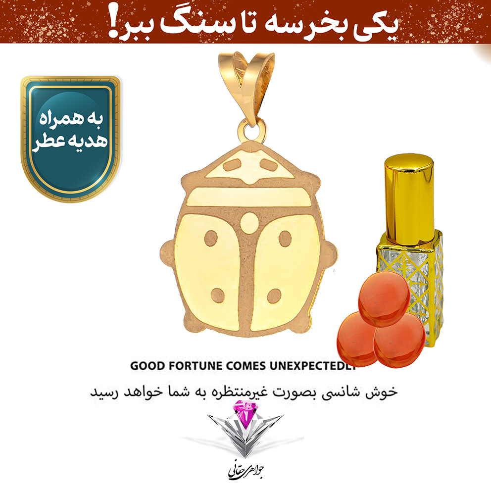 ⭐باندل آویز طلا شانس (LUCK) طرح کفشدوزک به همراه سنگ عقیق + دوعدد عقیق و عطر هدیه⭐
